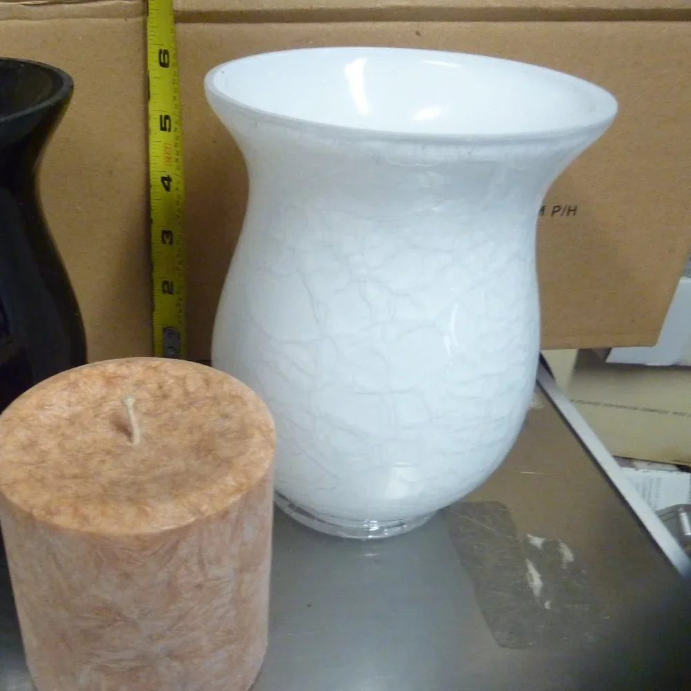 Set of 2 Snow White Crackle Glass Candle Holders 5.5” Soft Glow Small Pillar